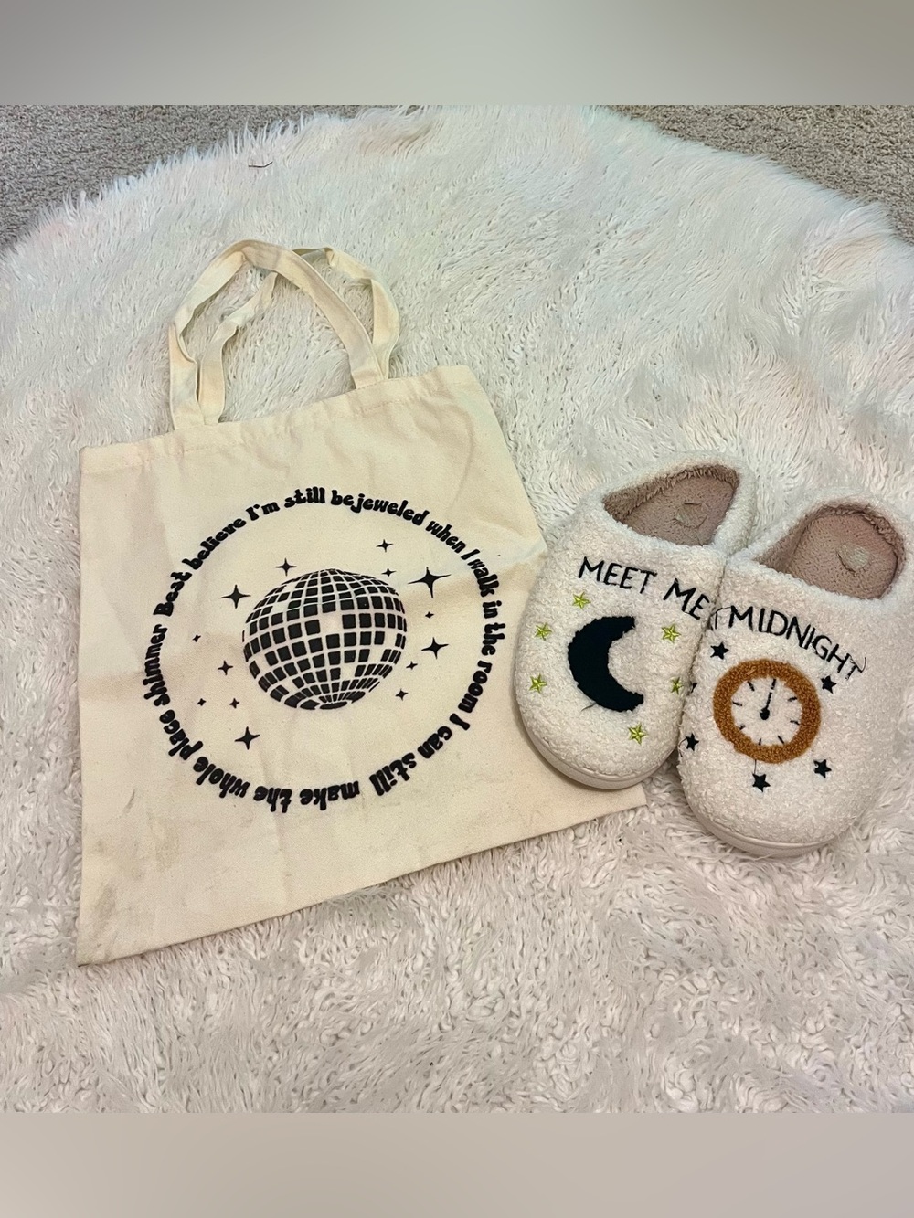 Taylor Swift Tote Bag & Slippers Bundle 🌙✨🕰️